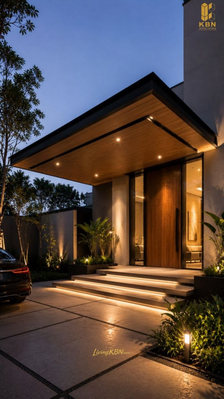 Kanopi Minimalis Modern — plafon kayu & drop lighting