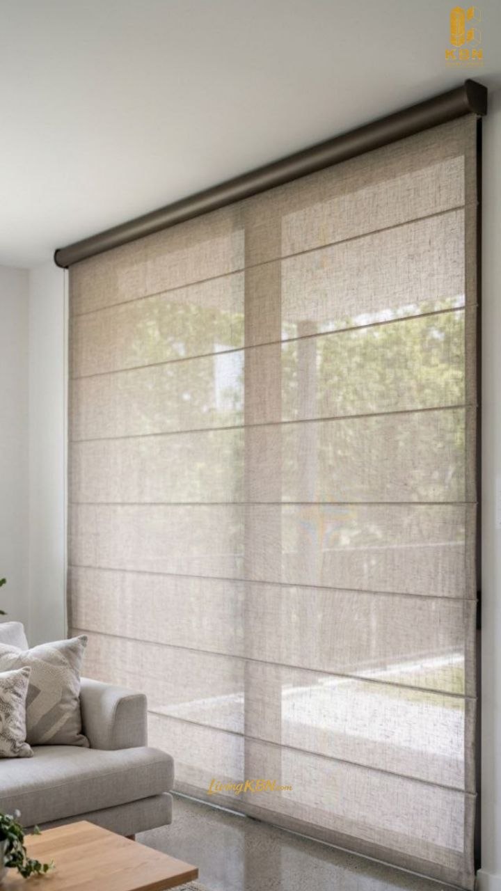Motorized Roman Blind Linen — lipatan rapi otomatis untuk jendela besar
