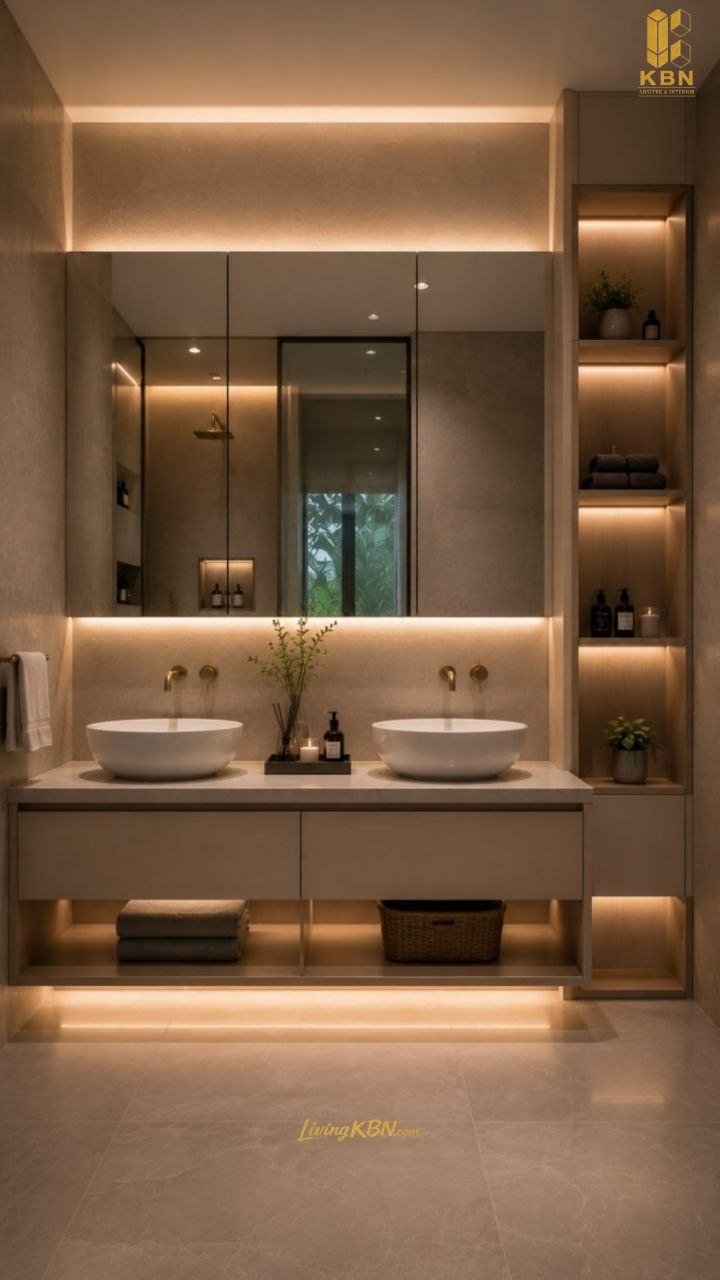 Vanity cabinet kamar mandi dengan cermin lebar dan open shelf berpencahayaan