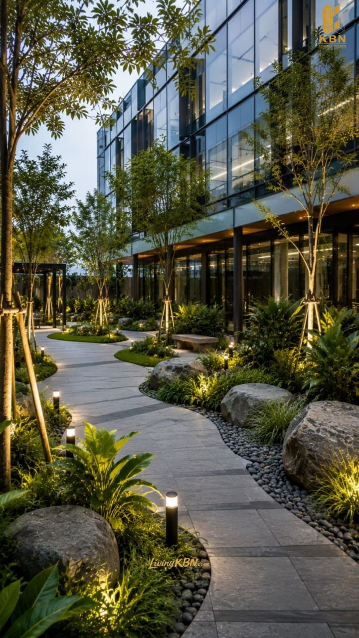 Landscape Kantor — jalur paving batu alam & planting box modern