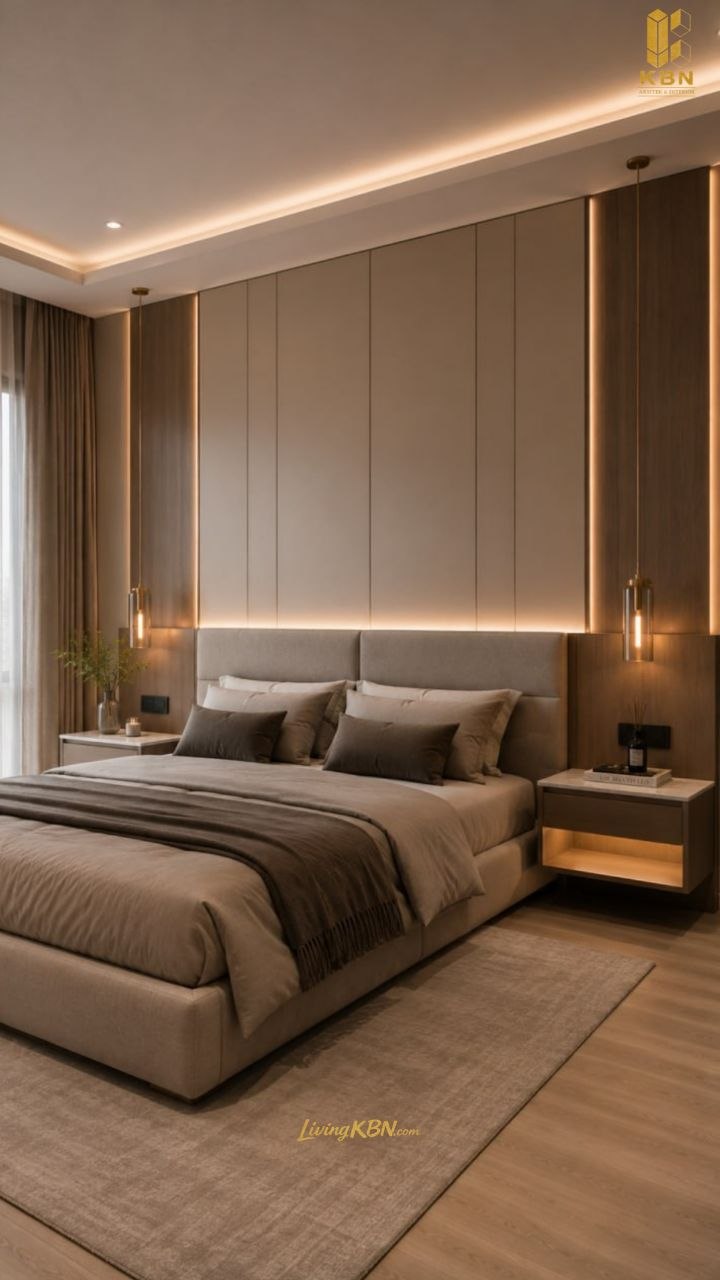 Backdrop headboard kamar tidur dengan panel vertikal dan nakas floating