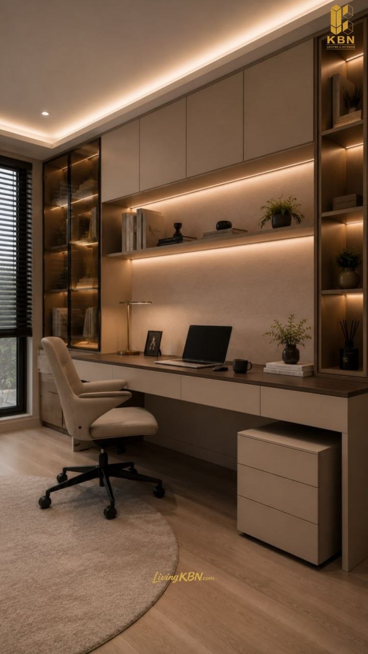 Meja kerja built-in dengan rak display kaca dan storage terintegrasi