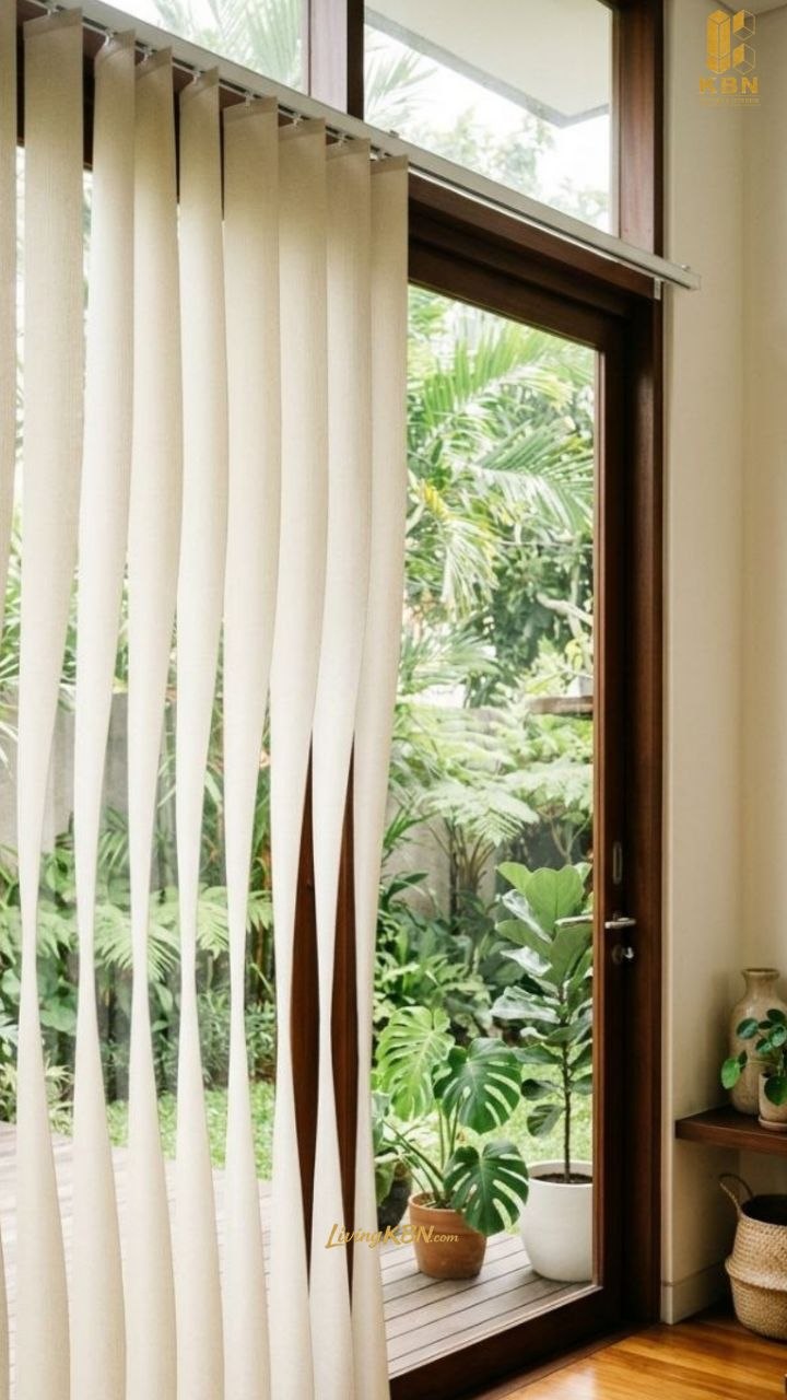Vertical blind wave krem pada pintu kaca menuju taman
