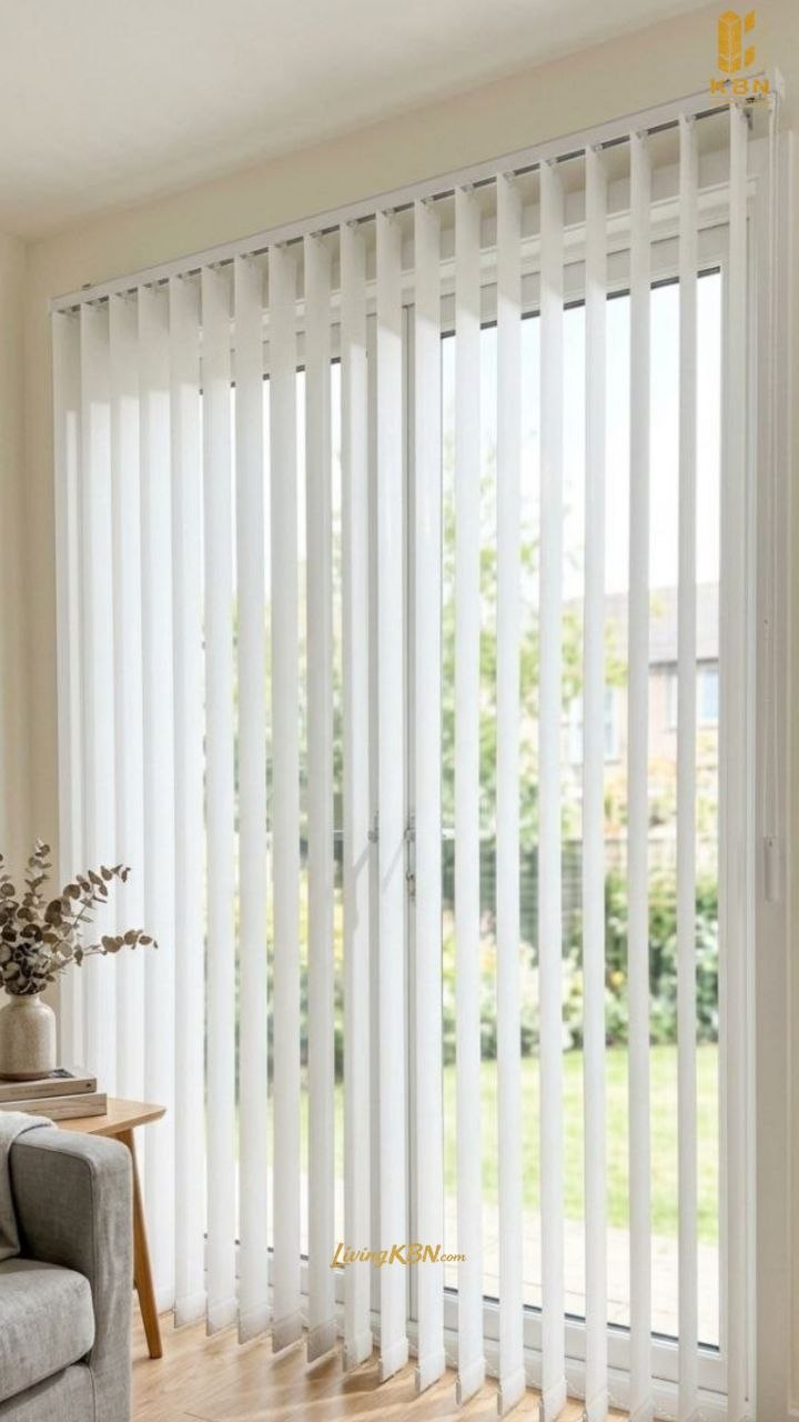 Vertical blind putih minimalis pada jendela lantai ke plafon