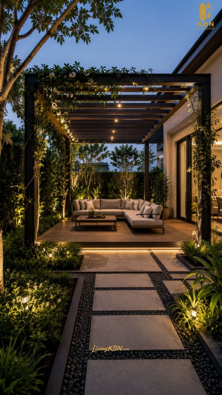 Kanopi Pergola Minimalis — besi hollow & taman tropis
