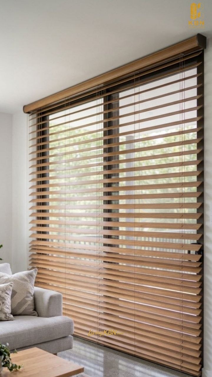Motorized Wooden Blind — bilah kayu dengan tilt otomatis